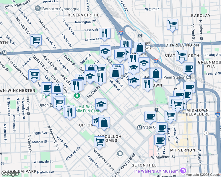 map of restaurants, bars, coffee shops, grocery stores, and more near Mosher Street Walk in Baltimore