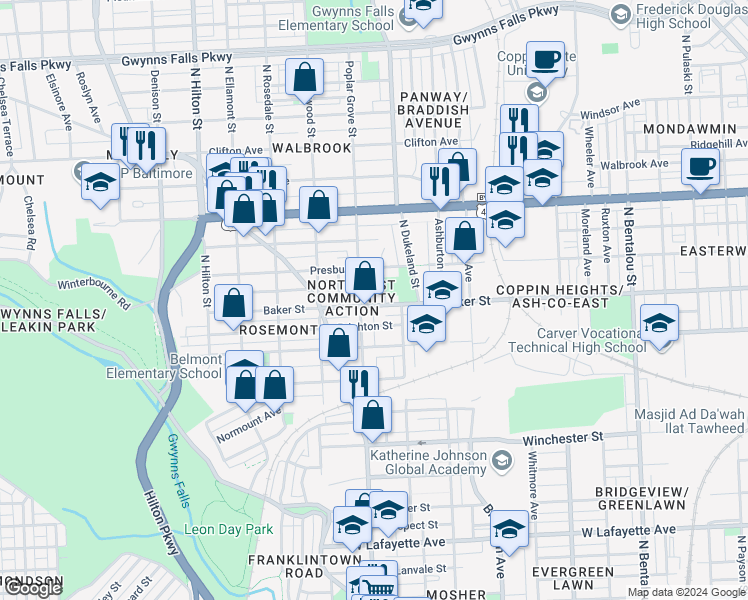 map of restaurants, bars, coffee shops, grocery stores, and more near 2826 Baker Street in Baltimore