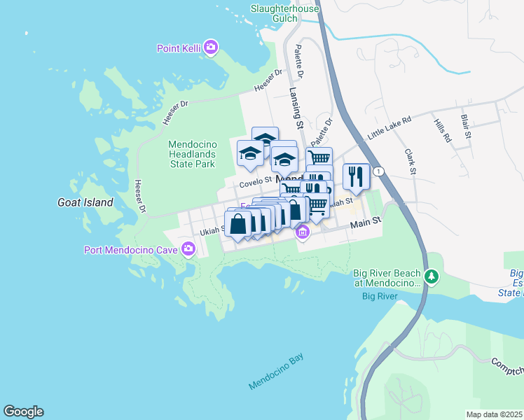 map of restaurants, bars, coffee shops, grocery stores, and more near 10550 Kasten Street in Mendocino