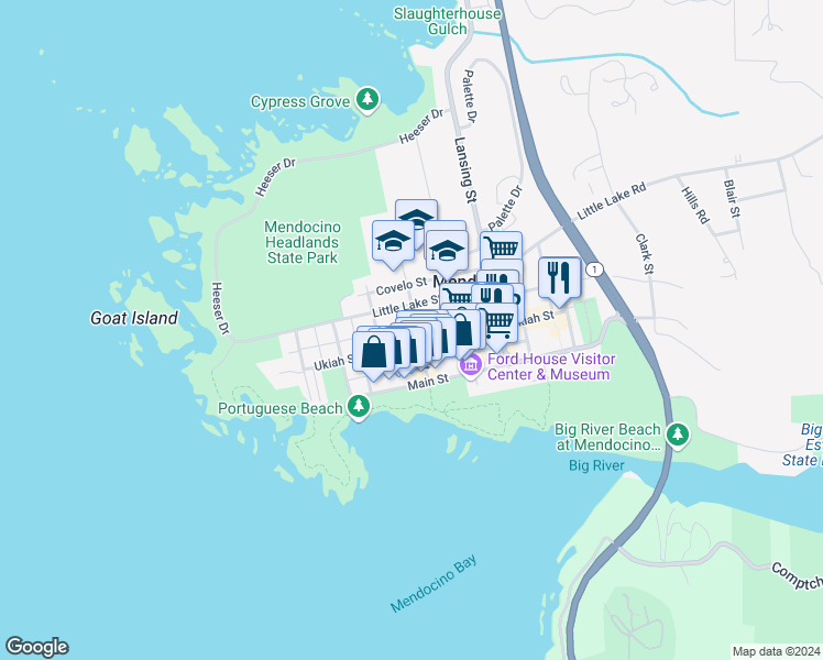 map of restaurants, bars, coffee shops, grocery stores, and more near 10550 Kasten Street in Mendocino