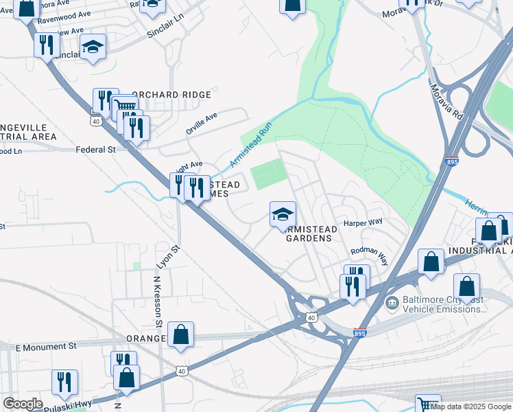 map of restaurants, bars, coffee shops, grocery stores, and more near 5023 East Biddle Street in Baltimore