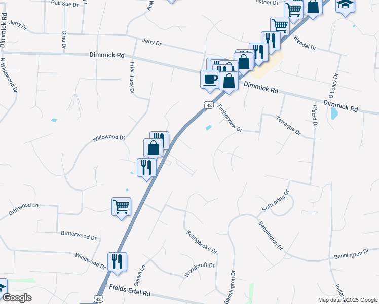 map of restaurants, bars, coffee shops, grocery stores, and more near 7393 Sunny Lane in Butler County