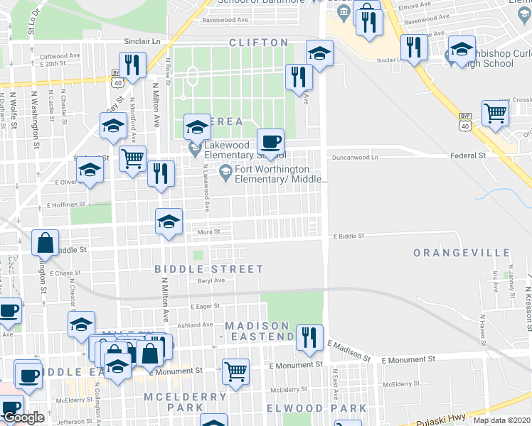 map of restaurants, bars, coffee shops, grocery stores, and more near 1303 North Linwood Avenue in Baltimore
