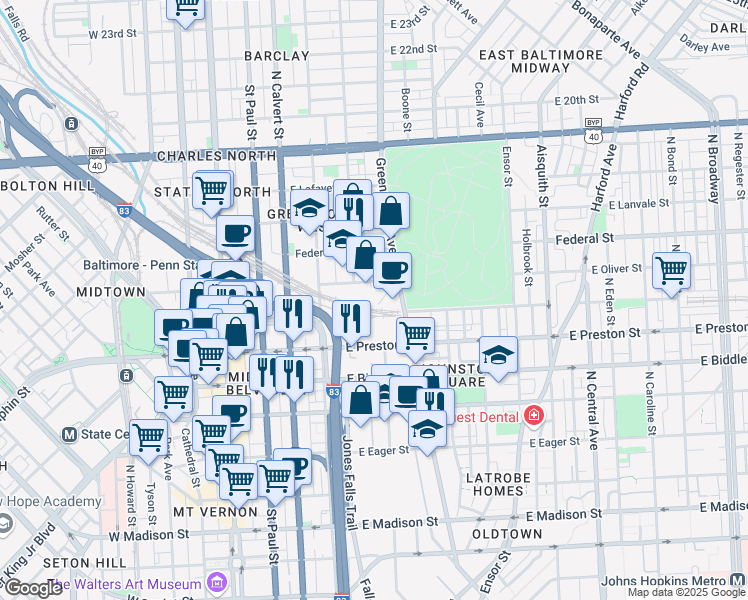 map of restaurants, bars, coffee shops, grocery stores, and more near 1418 Belvidere Street in Baltimore