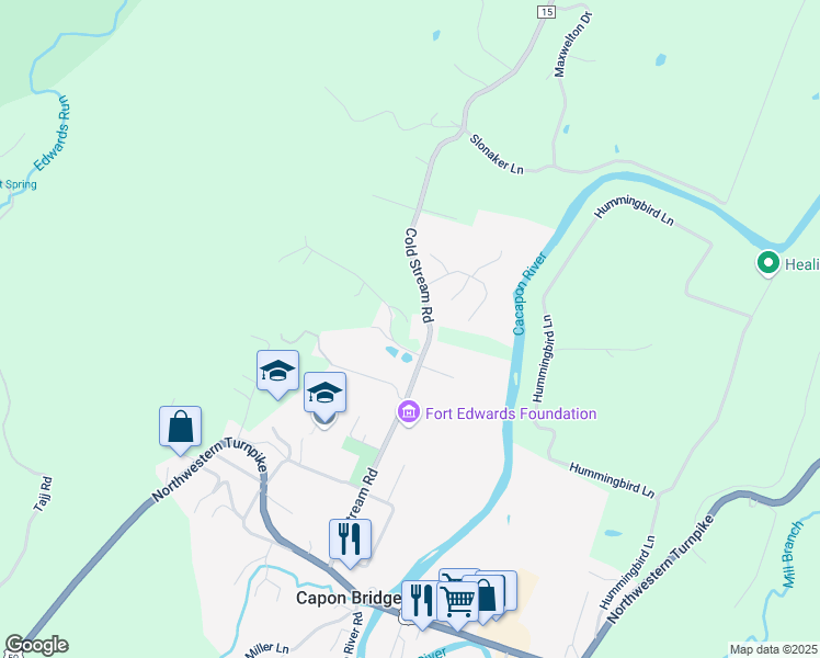 map of restaurants, bars, coffee shops, grocery stores, and more near 146 Settlers Lane in Capon Bridge