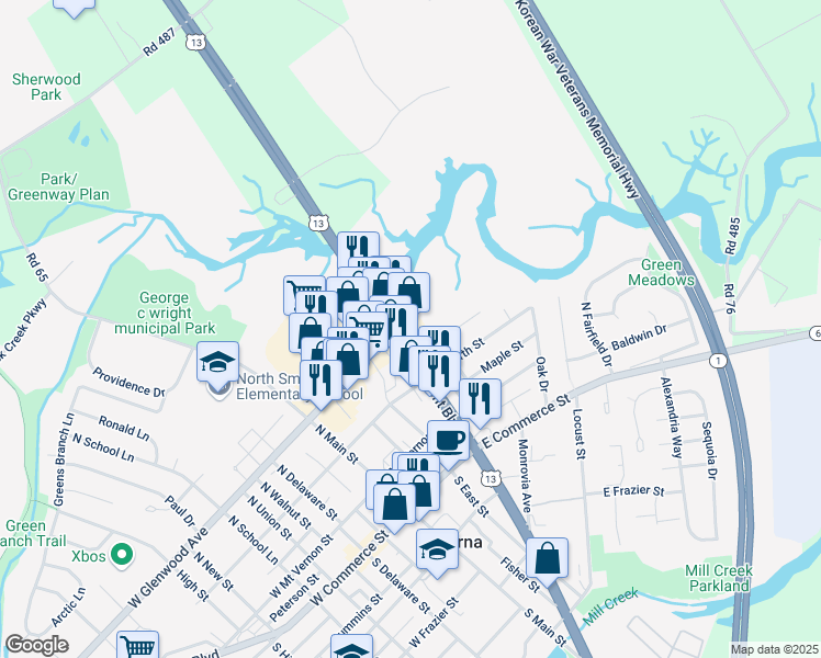 map of restaurants, bars, coffee shops, grocery stores, and more near 304 North Dupont Boulevard in Smyrna
