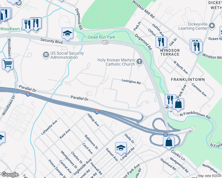 map of restaurants, bars, coffee shops, grocery stores, and more near 1700 Carvel Road in Woodlawn