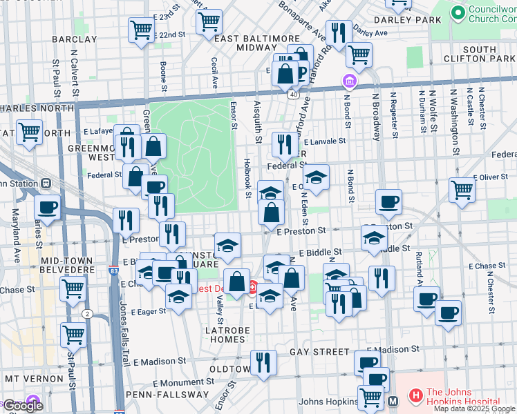 map of restaurants, bars, coffee shops, grocery stores, and more near 1402 Aisquith Street in Baltimore