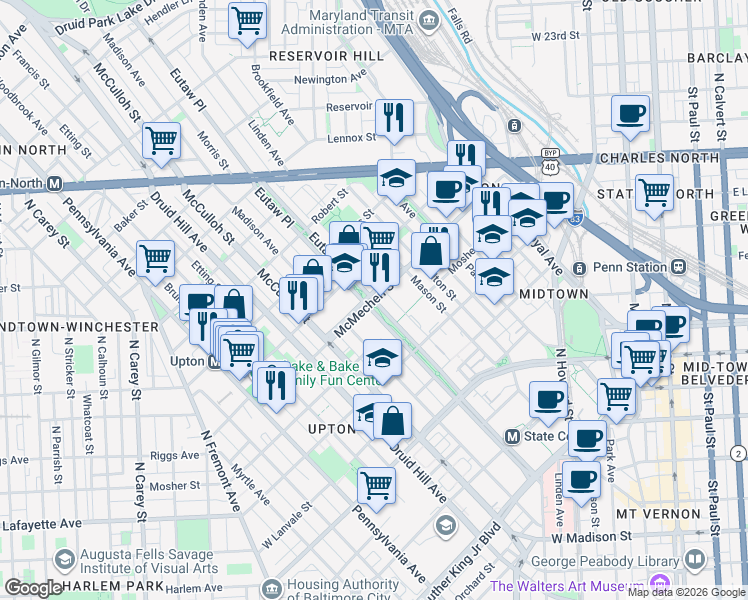map of restaurants, bars, coffee shops, grocery stores, and more near Eutaw Place & McMechen Street in Baltimore