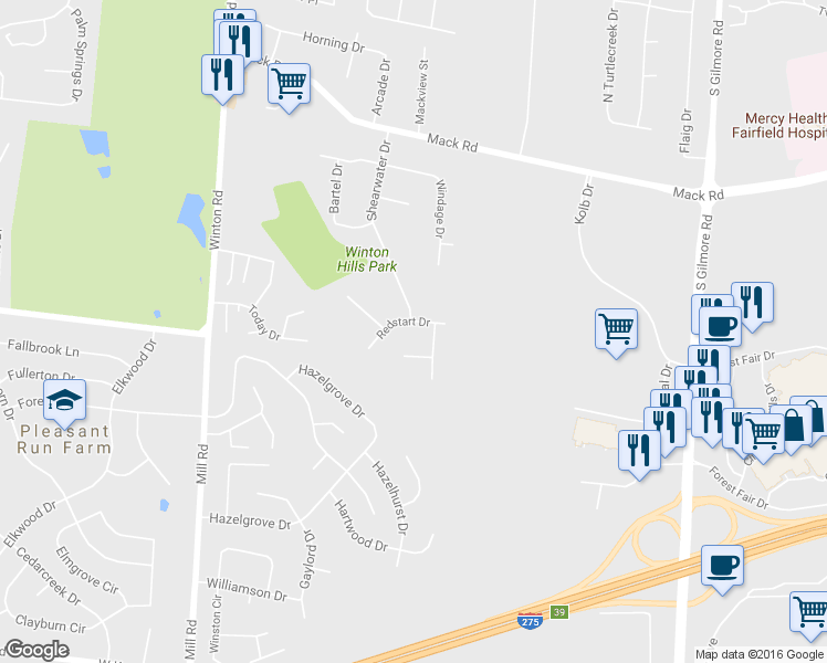map of restaurants, bars, coffee shops, grocery stores, and more near 2559 Redstart Drive in Fairfield