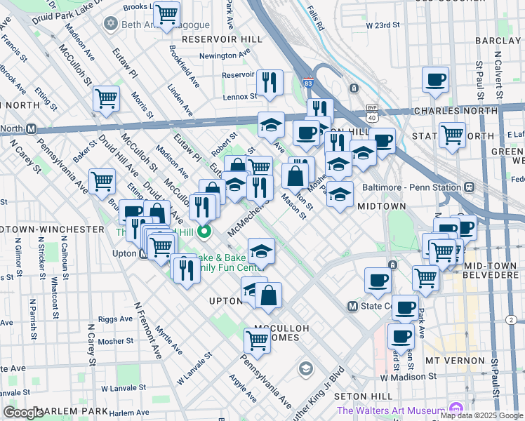 map of restaurants, bars, coffee shops, grocery stores, and more near 303 Mc Mechen Street in Baltimore