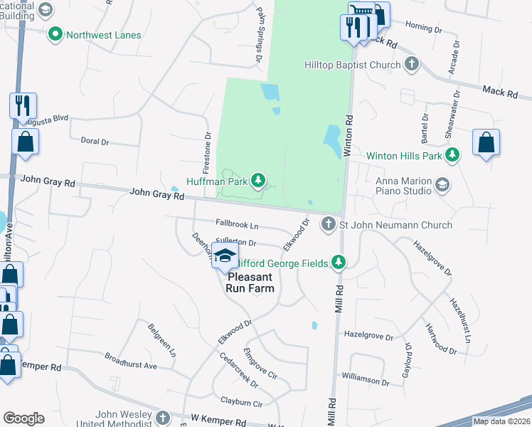 map of restaurants, bars, coffee shops, grocery stores, and more near 1774 Fallbrook Lane in Cincinnati