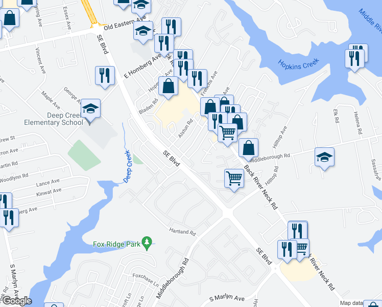 map of restaurants, bars, coffee shops, grocery stores, and more near 1570 Williams Avenue in Essex