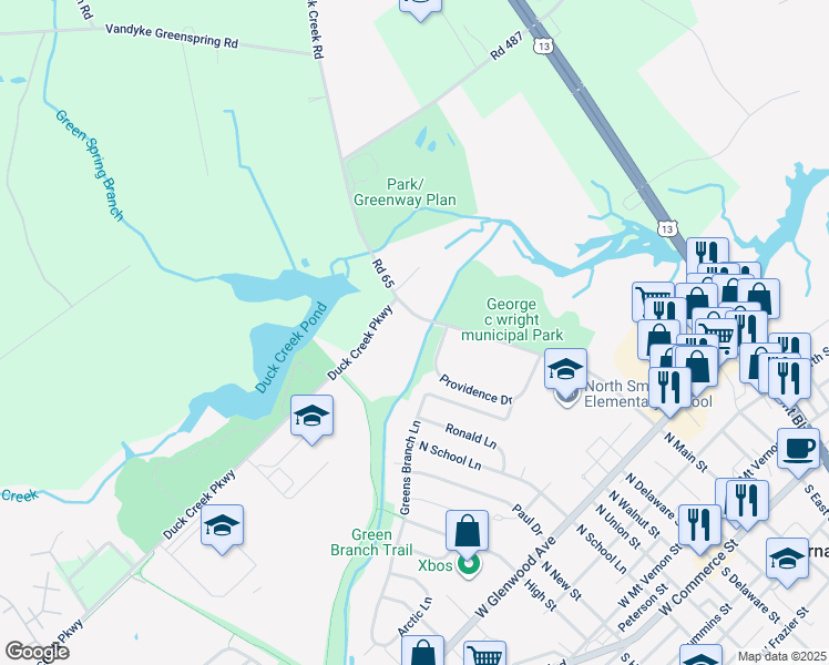 map of restaurants, bars, coffee shops, grocery stores, and more near 621 North Main Street in Smyrna