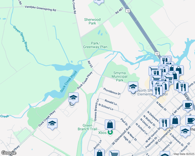 map of restaurants, bars, coffee shops, grocery stores, and more near 621 North Main Street in Smyrna