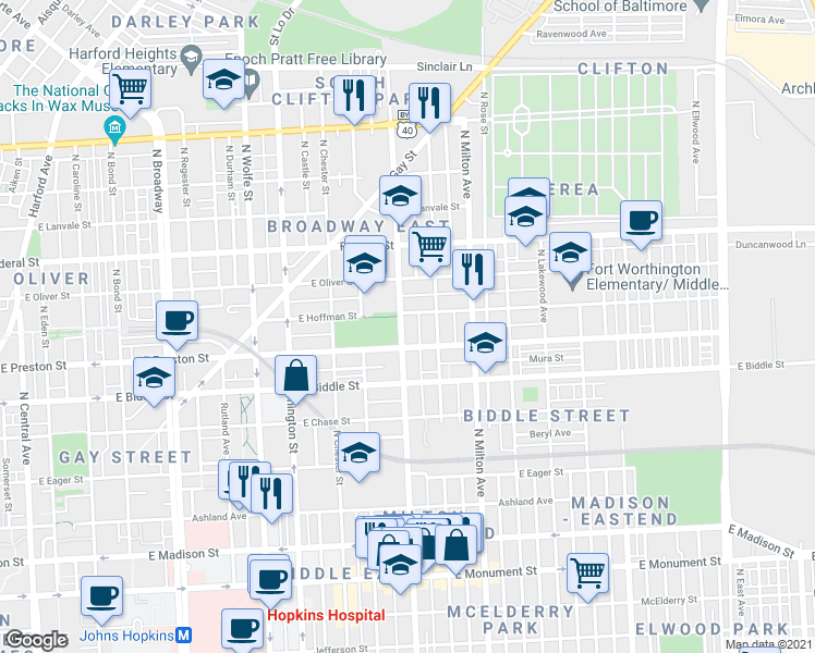 map of restaurants, bars, coffee shops, grocery stores, and more near 1329 North Patterson Park Avenue in Baltimore