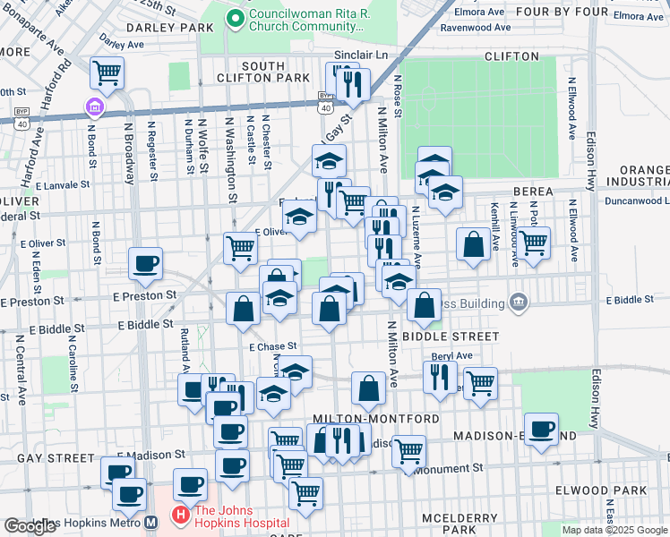map of restaurants, bars, coffee shops, grocery stores, and more near 1329 North Patterson Park Avenue in Baltimore