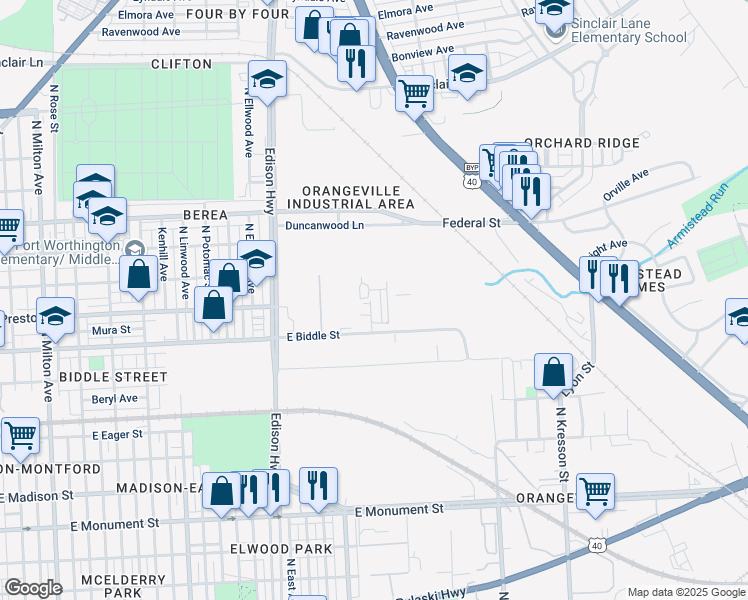 map of restaurants, bars, coffee shops, grocery stores, and more near 3500 East Biddle Street in Baltimore