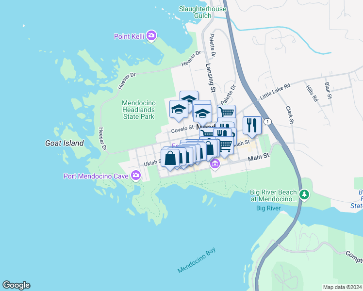 map of restaurants, bars, coffee shops, grocery stores, and more near 45120 Calpella Street in Mendocino
