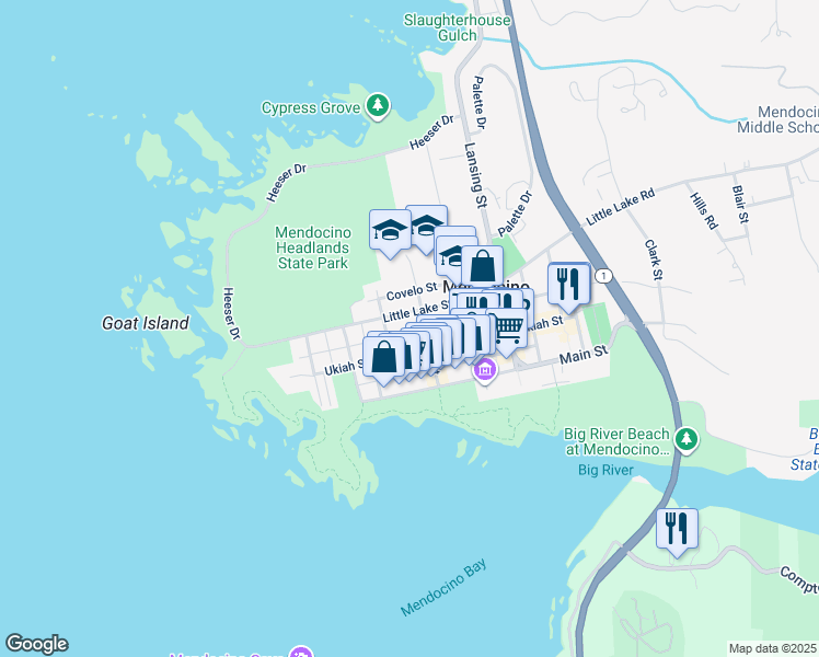 map of restaurants, bars, coffee shops, grocery stores, and more near 45120 Calpella Street in Mendocino