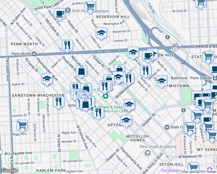 map of restaurants, bars, coffee shops, grocery stores, and more near 1711 McCulloh Street in Baltimore