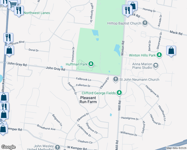 map of restaurants, bars, coffee shops, grocery stores, and more near 1774 Fallbrook Lane in Cincinnati