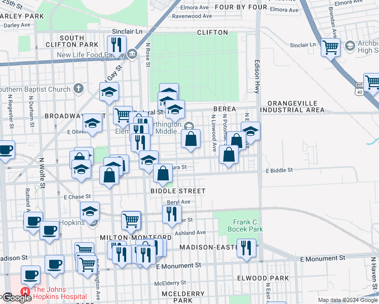 map of restaurants, bars, coffee shops, grocery stores, and more near 1302 North Kenwood Avenue in Baltimore