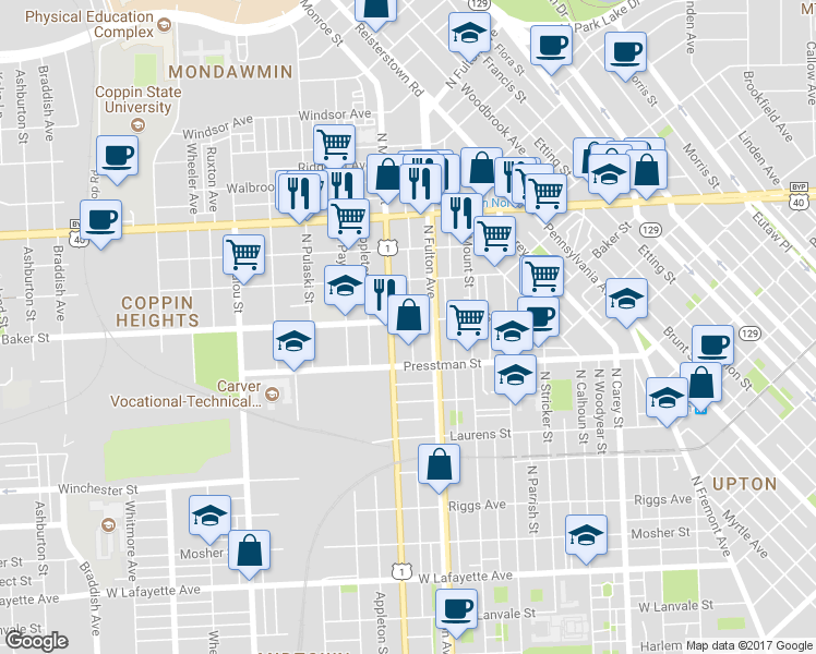 map of restaurants, bars, coffee shops, grocery stores, and more near 1813 Baker Street in Baltimore