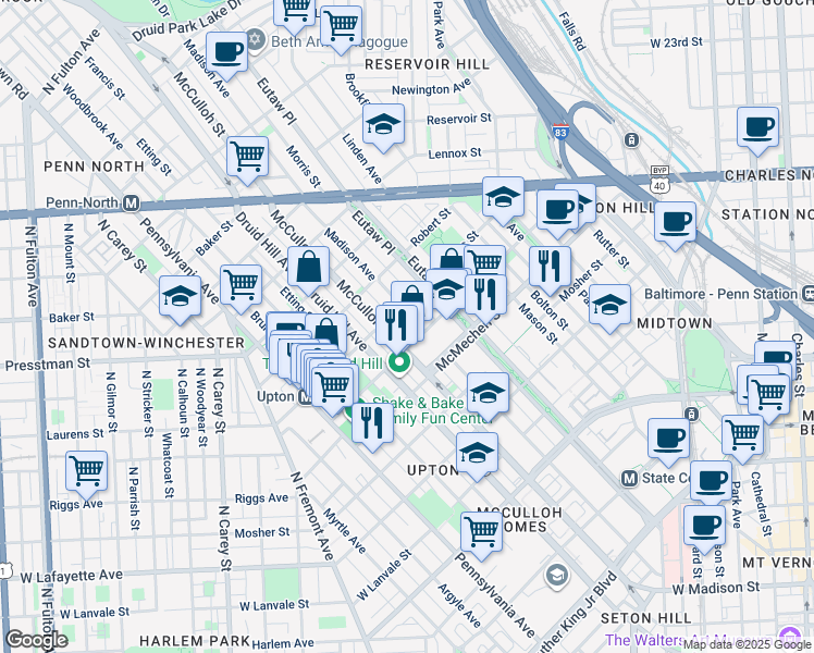 map of restaurants, bars, coffee shops, grocery stores, and more near 1712 Madison Avenue in Baltimore