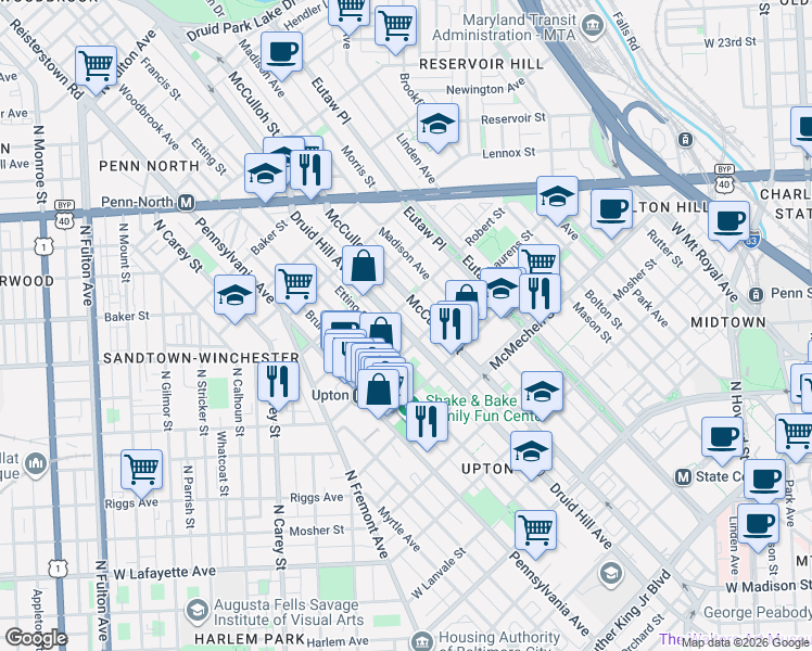 map of restaurants, bars, coffee shops, grocery stores, and more near 1827 Druid Hill Avenue in Baltimore