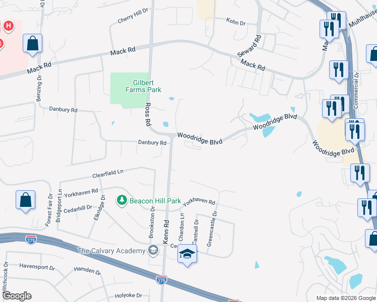 map of restaurants, bars, coffee shops, grocery stores, and more near 3533 Woodridge Boulevard in Fairfield