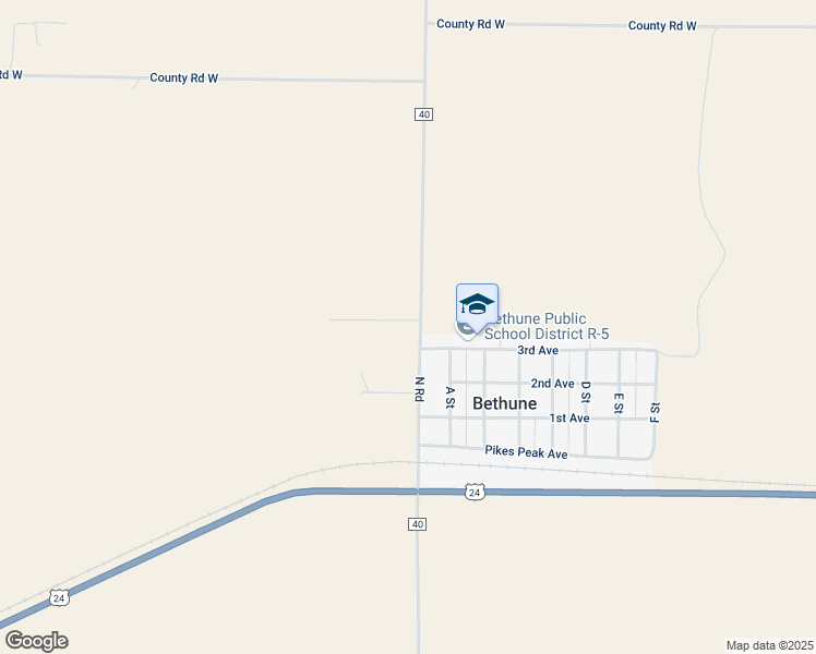 map of restaurants, bars, coffee shops, grocery stores, and more near 17961 County Road 40 in Bethune