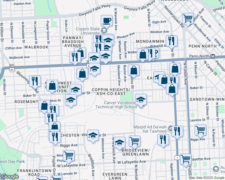map of restaurants, bars, coffee shops, grocery stores, and more near 2418 Baker Street in Baltimore