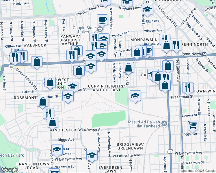 map of restaurants, bars, coffee shops, grocery stores, and more near 2418 Baker Street in Baltimore