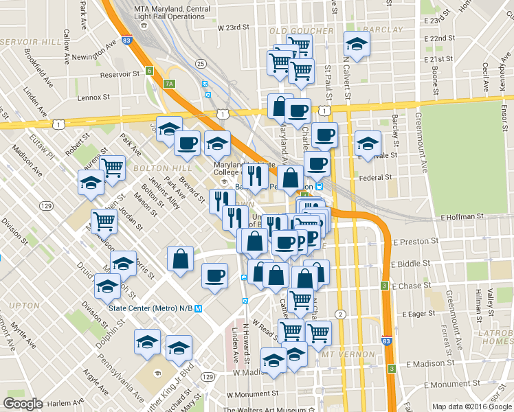 map of restaurants, bars, coffee shops, grocery stores, and more near W Mt Royal Ave & W Oliver St in Baltimore