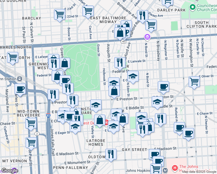 map of restaurants, bars, coffee shops, grocery stores, and more near 1416 Aisquith Street in Baltimore
