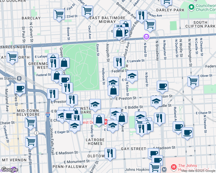 map of restaurants, bars, coffee shops, grocery stores, and more near 1416 Aisquith Street in Baltimore