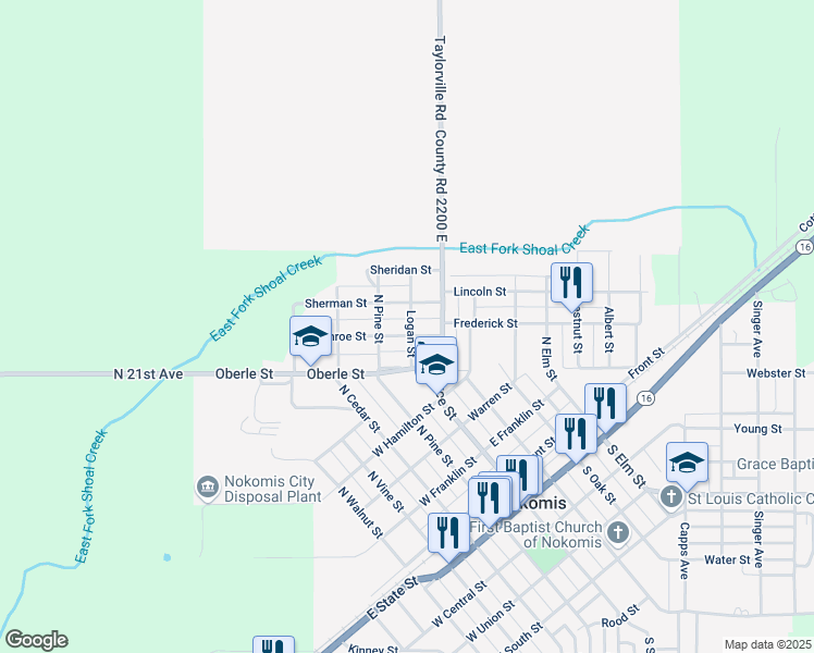 map of restaurants, bars, coffee shops, grocery stores, and more near 215 Monroe Street in Nokomis