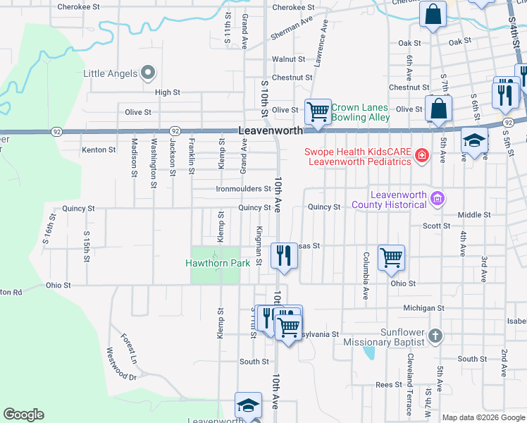 map of restaurants, bars, coffee shops, grocery stores, and more near 1017 Quincy Street in Leavenworth
