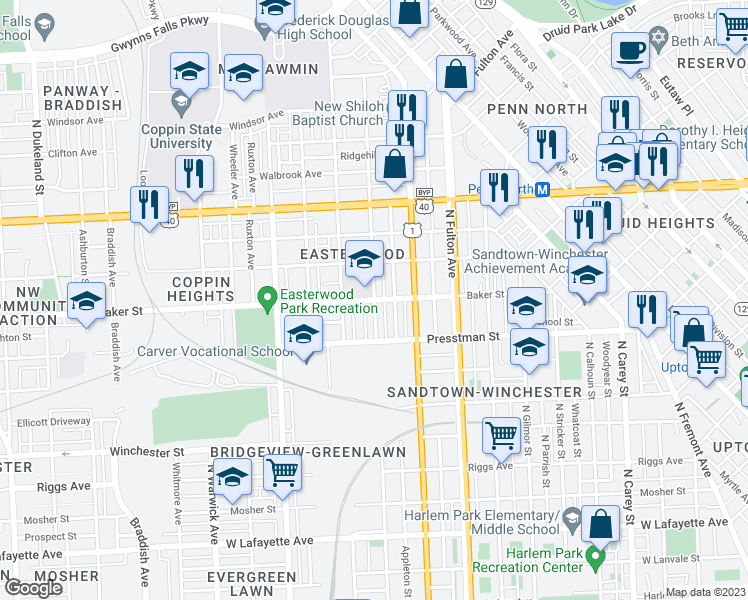 map of restaurants, bars, coffee shops, grocery stores, and more near Baker St & N Payson St in Baltimore