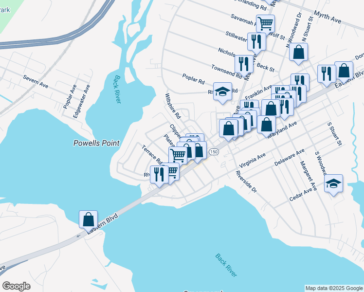 map of restaurants, bars, coffee shops, grocery stores, and more near 4 Clipper Road in Essex