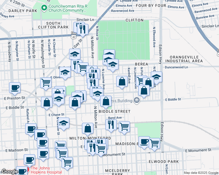 map of restaurants, bars, coffee shops, grocery stores, and more near 2618 Grogan Avenue in Baltimore
