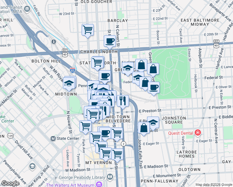 map of restaurants, bars, coffee shops, grocery stores, and more near 1501 St Paul St in Baltimore