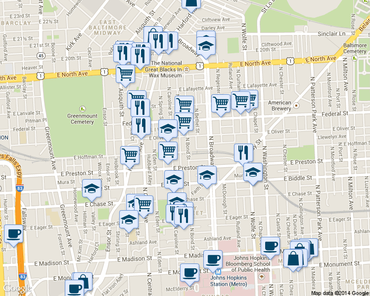 map of restaurants, bars, coffee shops, grocery stores, and more near 1410 North Bond Street in Baltimore