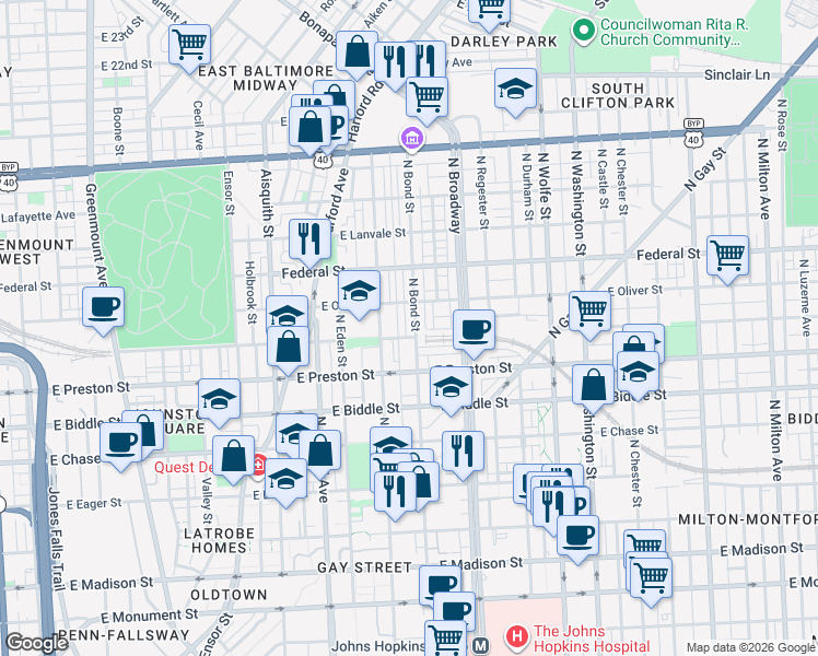 map of restaurants, bars, coffee shops, grocery stores, and more near 1410 North Bond Street in Baltimore