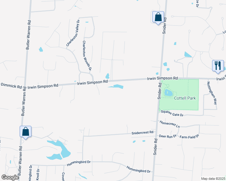 map of restaurants, bars, coffee shops, grocery stores, and more near 6351 Irwin Simpson Road in Mason