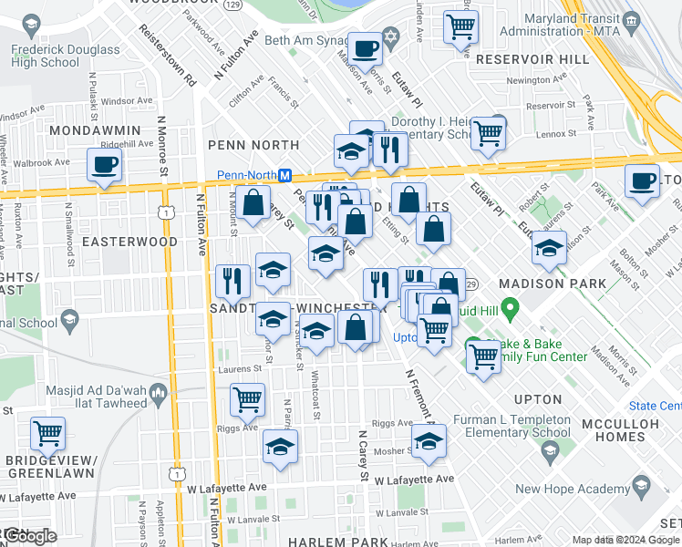 map of restaurants, bars, coffee shops, grocery stores, and more near 1451 North Carey Street in Baltimore