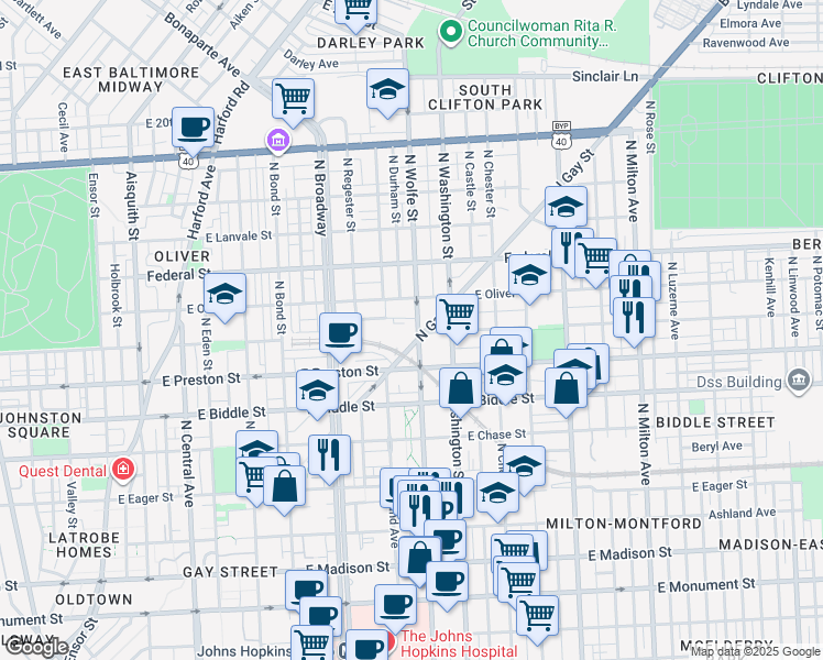map of restaurants, bars, coffee shops, grocery stores, and more near 1402 North Wolfe Street in Baltimore