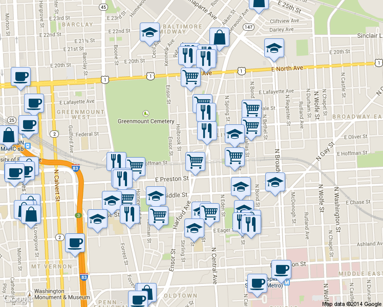 map of restaurants, bars, coffee shops, grocery stores, and more near 1417 Aisquith Street in Baltimore