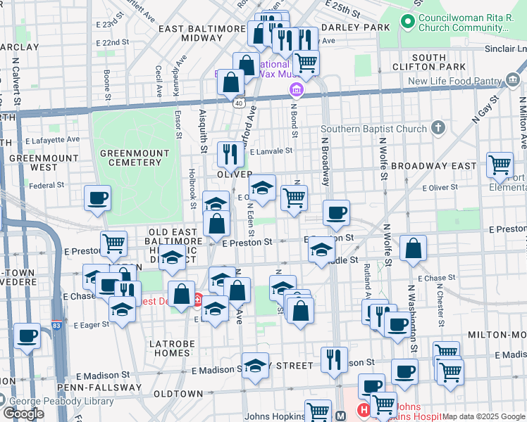 map of restaurants, bars, coffee shops, grocery stores, and more near 1400 North Caroline Street in Baltimore